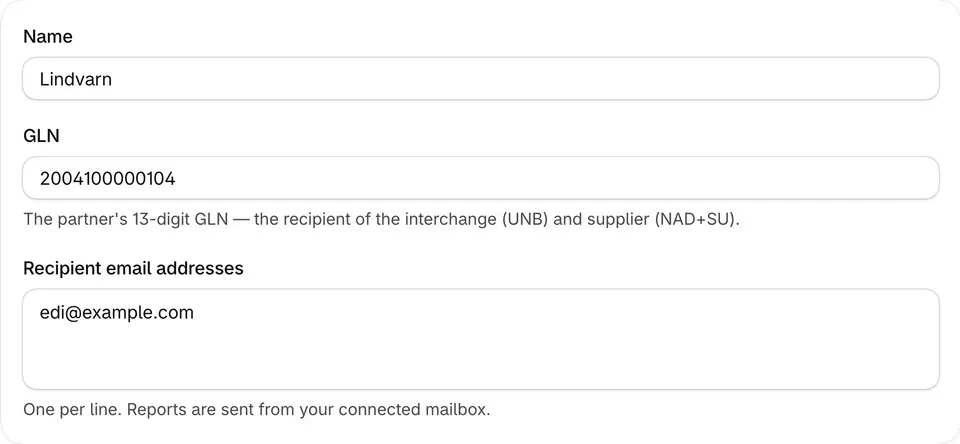 Set up a supplier: name, GLN and email address