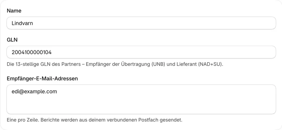 Lieferant anlegen: Name, GLN und E-Mail-Adresse